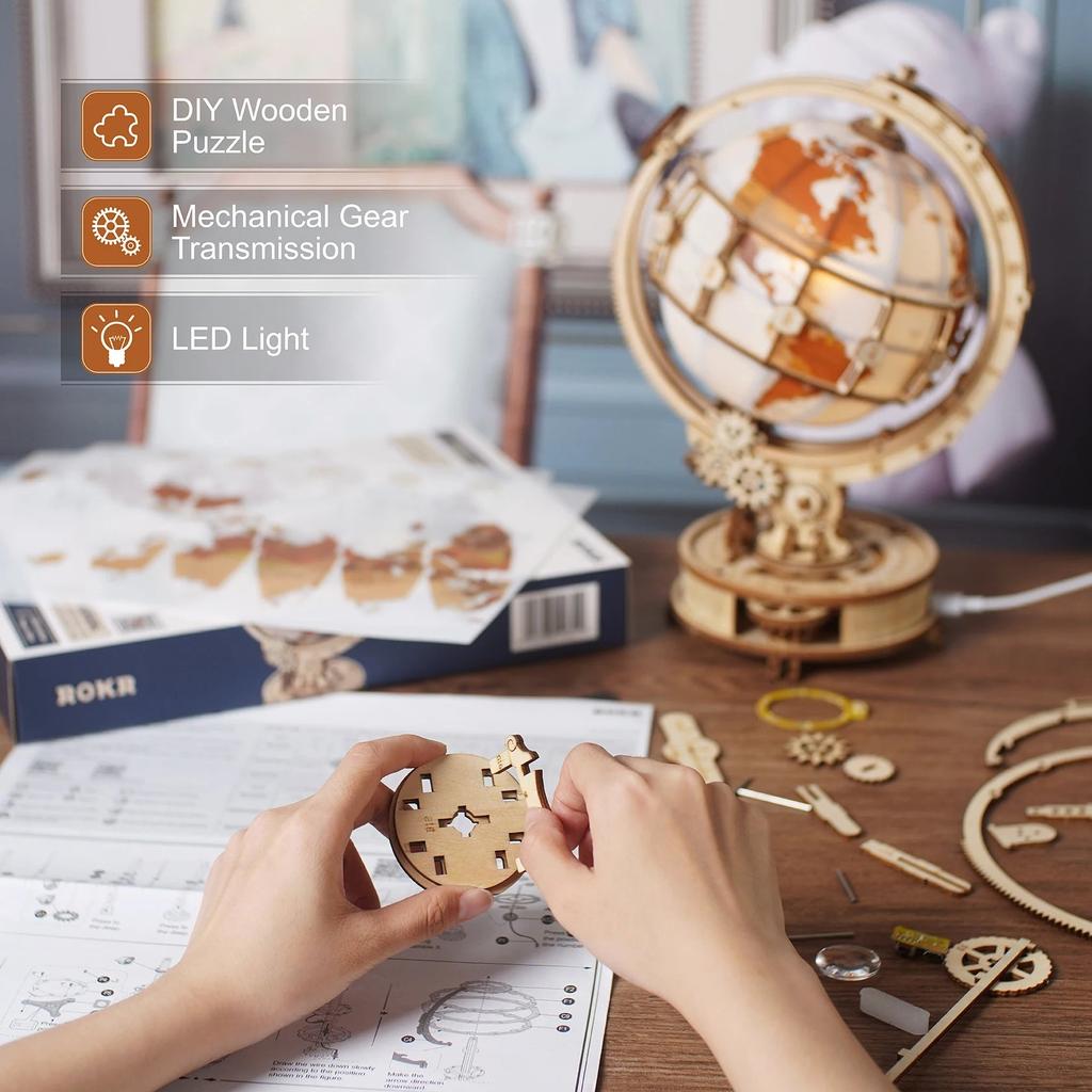 Wooden Globe Lamp 3D Puzzle for Kids & Adults by HitMyNeed