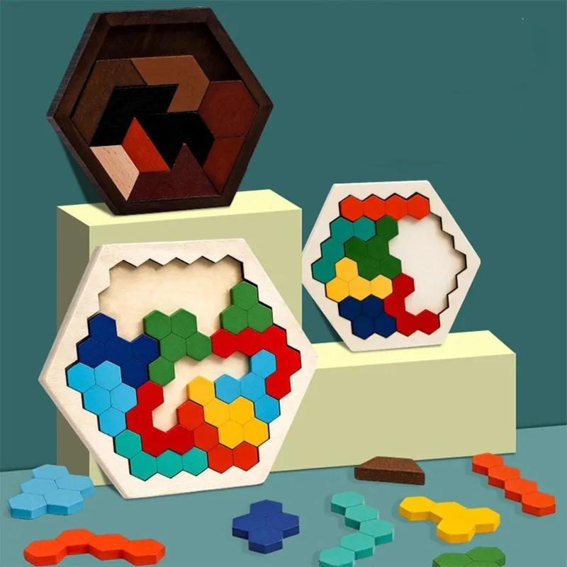 Wooden Hexagonal Tangram Puzzle Board for Kids by HitMyNeed