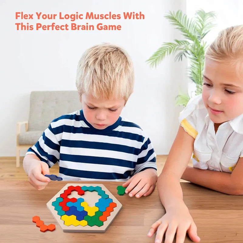 Wooden Hexagonal Tangram Puzzle Board for Kids by HitMyNeed