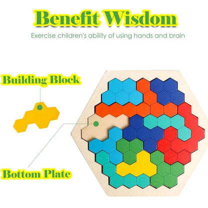 Wooden Hexagonal Tangram Puzzle Board for Kids by HitMyNeed