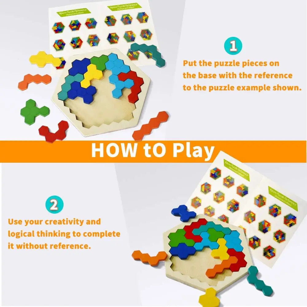 Wooden Hexagonal Tangram Puzzle Board for Kids by HitMyNeed