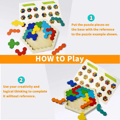 Wooden Hexagonal Tangram Puzzle Board for Kids by HitMyNeed