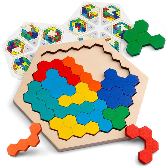 Wooden Hexagonal Tangram Puzzle Board for Kids colorful by HitMyNeed