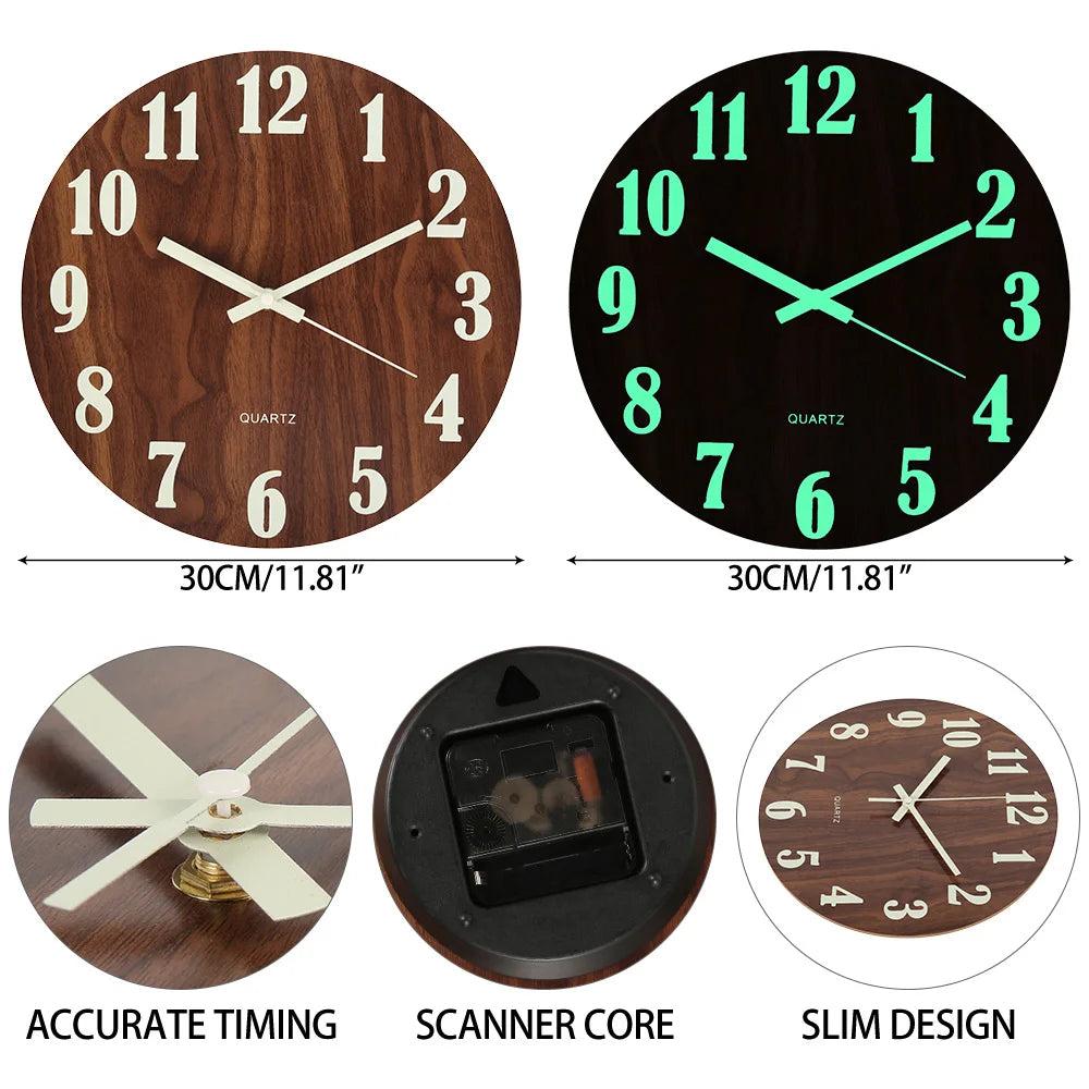 Wooden Luminous Silent Wall Clock 30cm by HitMyNeed