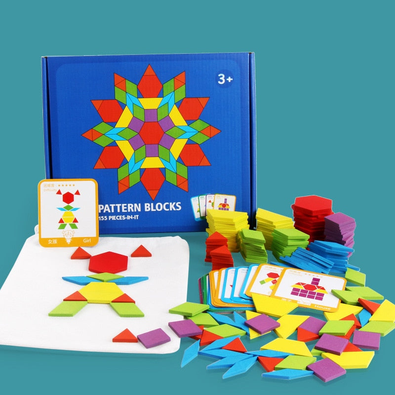 Wooden Pattern Blocks 155pcs Shape Puzzle Set by HitMyNeed
