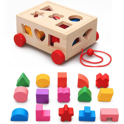 Wooden Shape Sorter Pull-Along Car Toy with Blocks by HitMyNeed