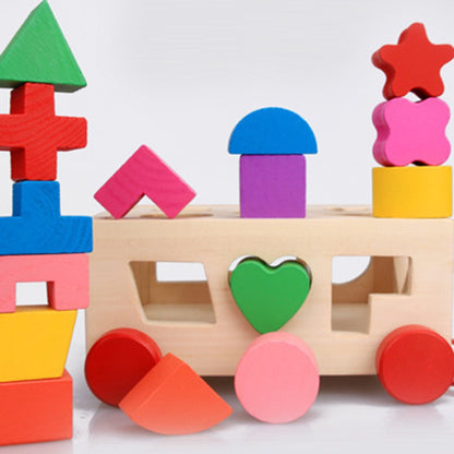Wooden Shape Sorter Pull-Along Car Toy with Blocks by HitMyNeed