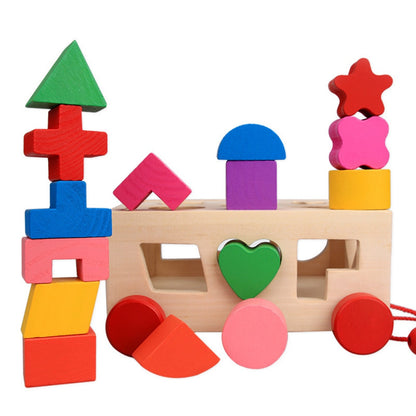 Wooden Shape Sorter Pull-Along Car Toy with Blocks by HitMyNeed