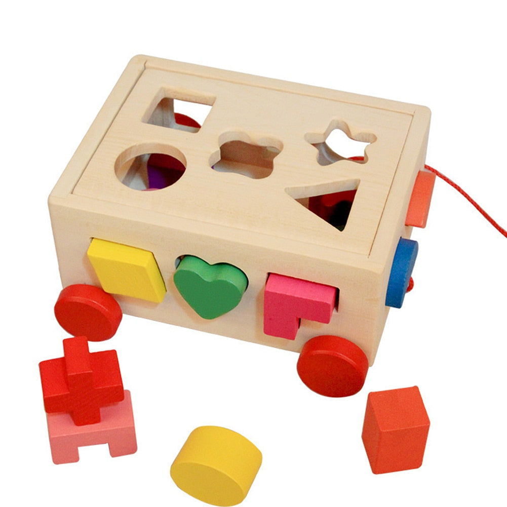 Wooden Shape Sorter Pull-Along Car Toy with Blocks by HitMyNeed