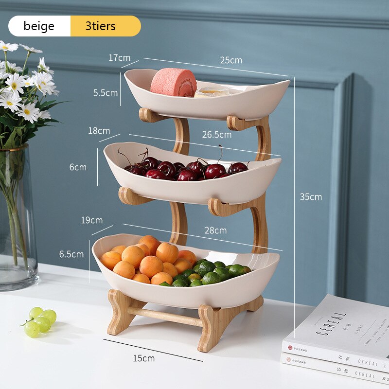 Wooden Tiered Fruit Bowl & Partitioned Snack Tray beige-2tiers by HitMyNeed