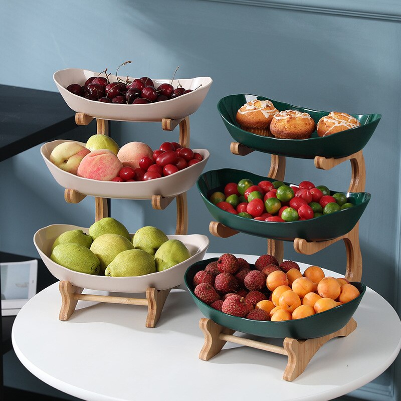 Wooden Tiered Fruit Bowl & Partitioned Snack Tray green-3tiers by HitMyNeed