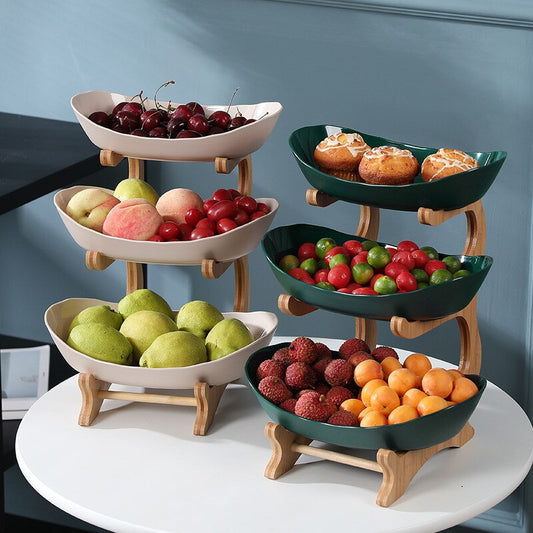Wooden Tiered Fruit Bowl & Partitioned Snack Tray green-3tiers by HitMyNeed