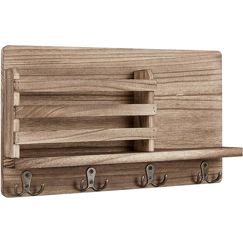 Wooden Wall Key and Mail Holder with 4 Hooks by HitMyNeed