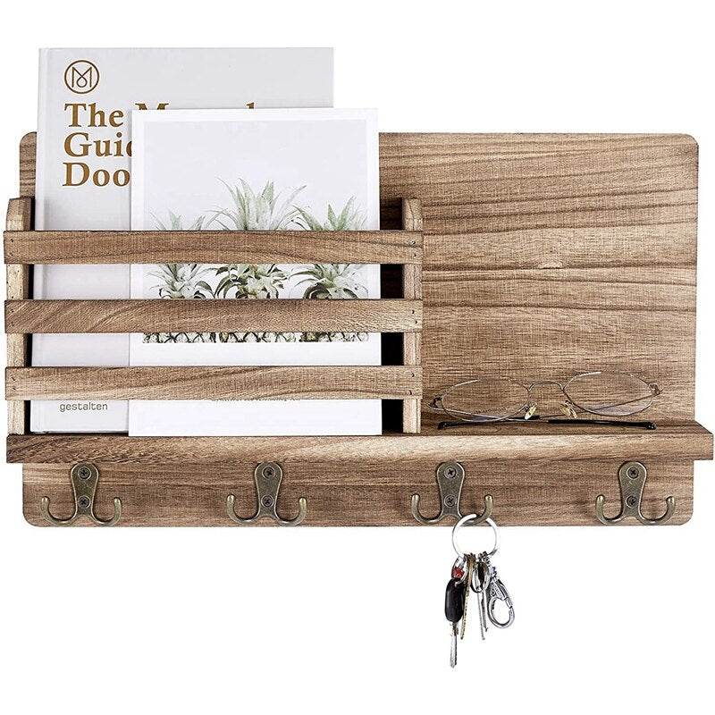 Wooden Wall Key and Mail Holder with 4 Hooks by HitMyNeed