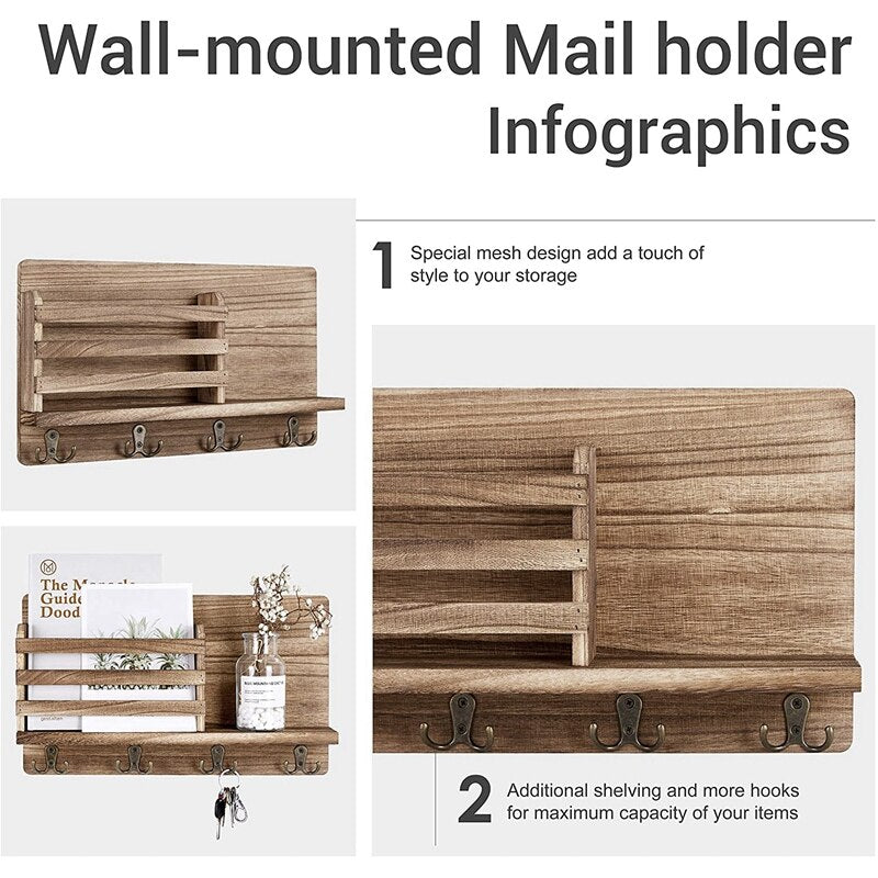 Wooden Wall Key and Mail Holder with 4 Hooks by HitMyNeed