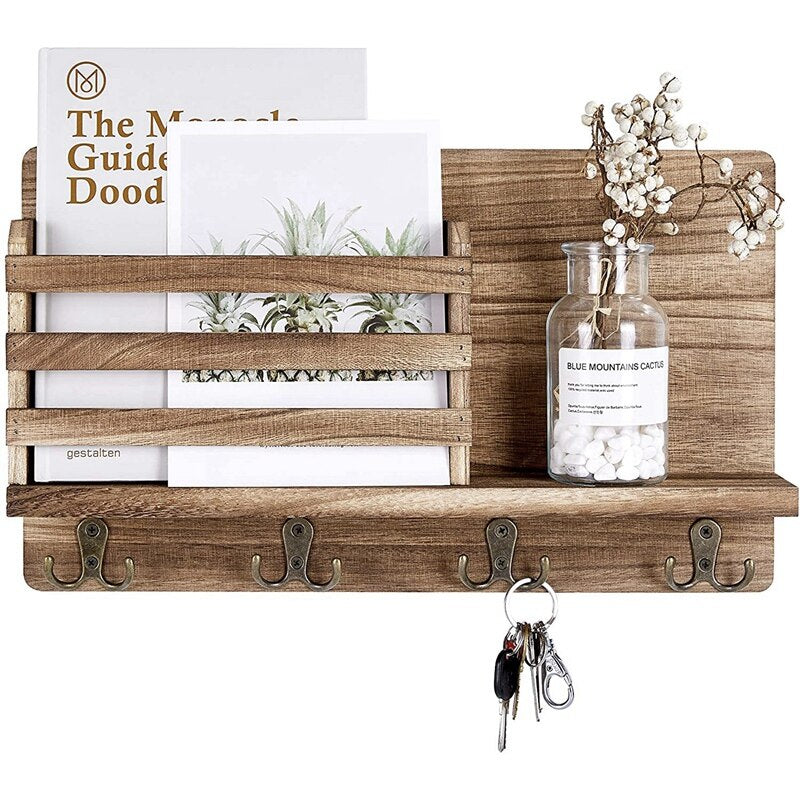 Wooden Wall Key and Mail Holder with 4 Hooks by HitMyNeed