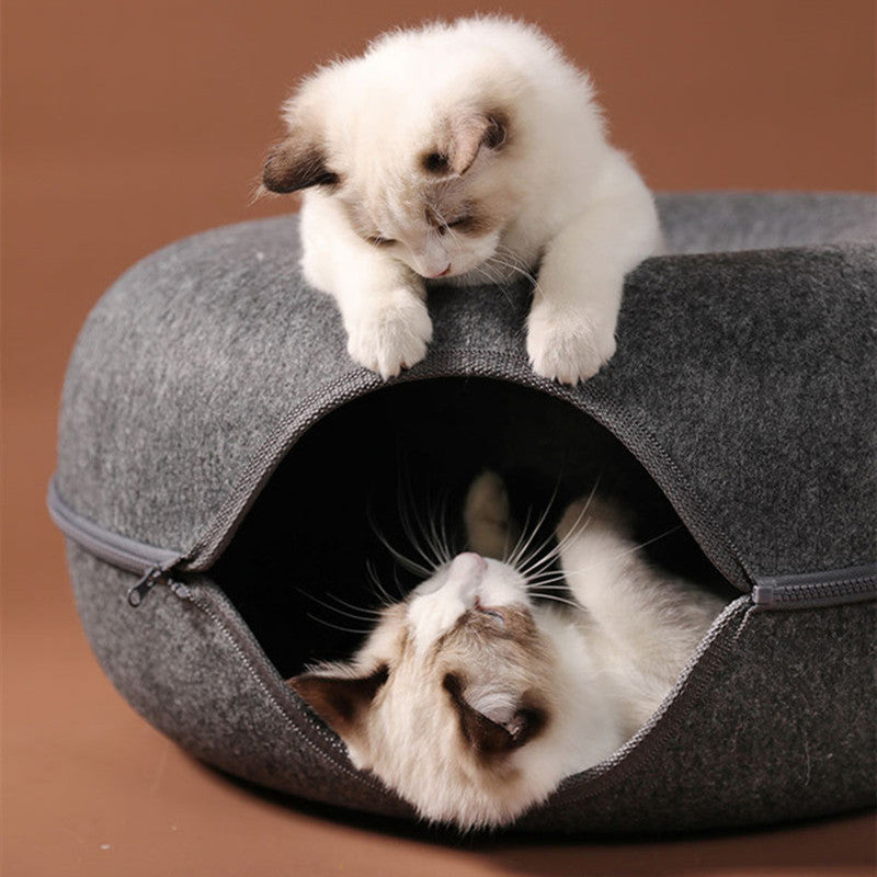 Wool Felt Donut Cat Bed with Tunnel Design by HitMyNeed