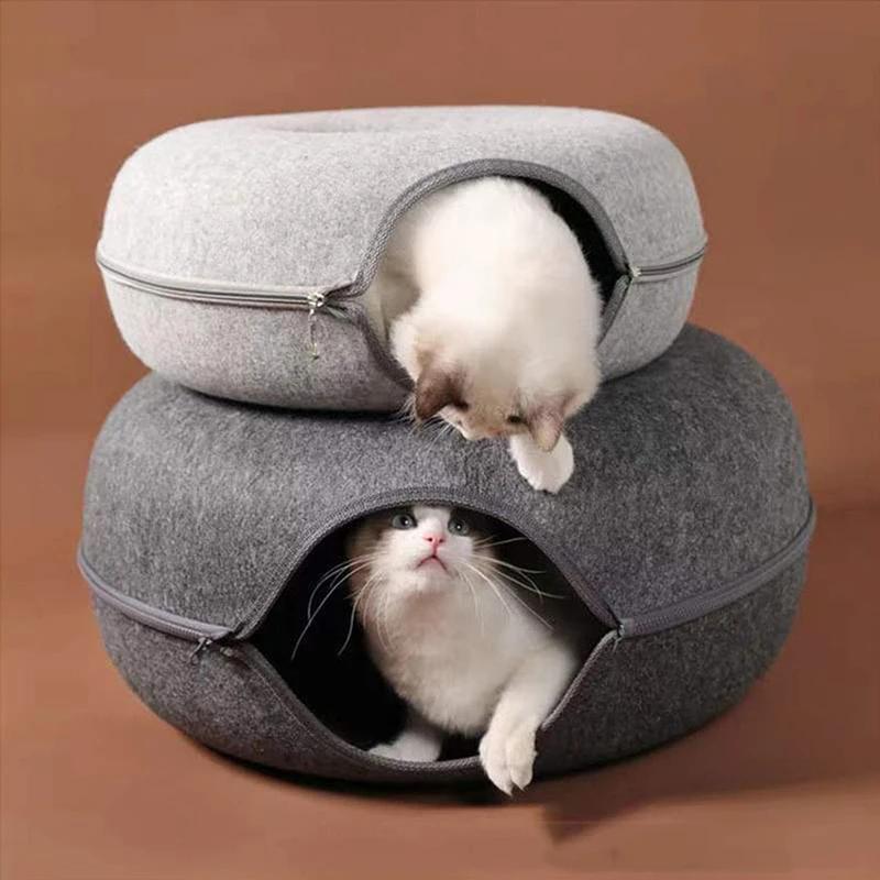 Wool Felt Donut Cat Bed with Tunnel Design by HitMyNeed