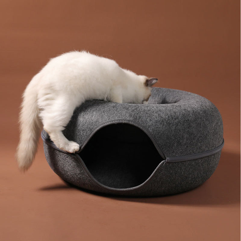 Wool Felt Donut Cat Bed with Tunnel Design by HitMyNeed