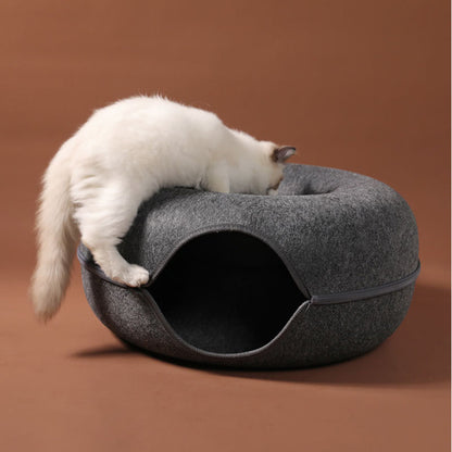 Wool Felt Donut Cat Bed with Tunnel Design by HitMyNeed
