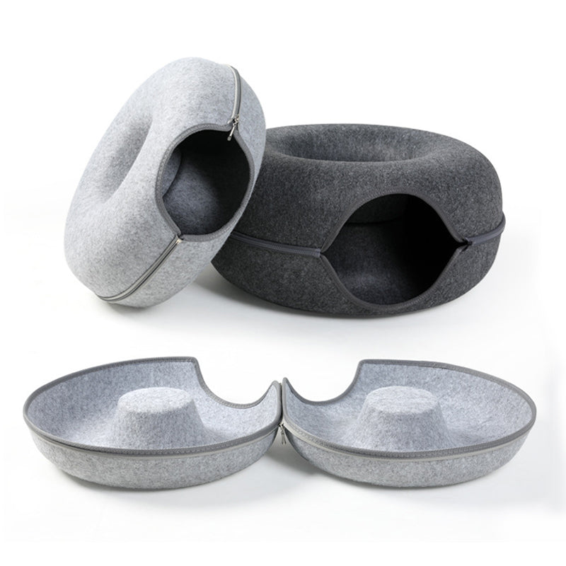 Wool Felt Donut Cat Bed with Tunnel Design by HitMyNeed