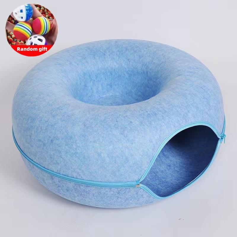 Wool Felt Donut Cat Bed with Tunnel Design blue 60x27cm by HitMyNeed