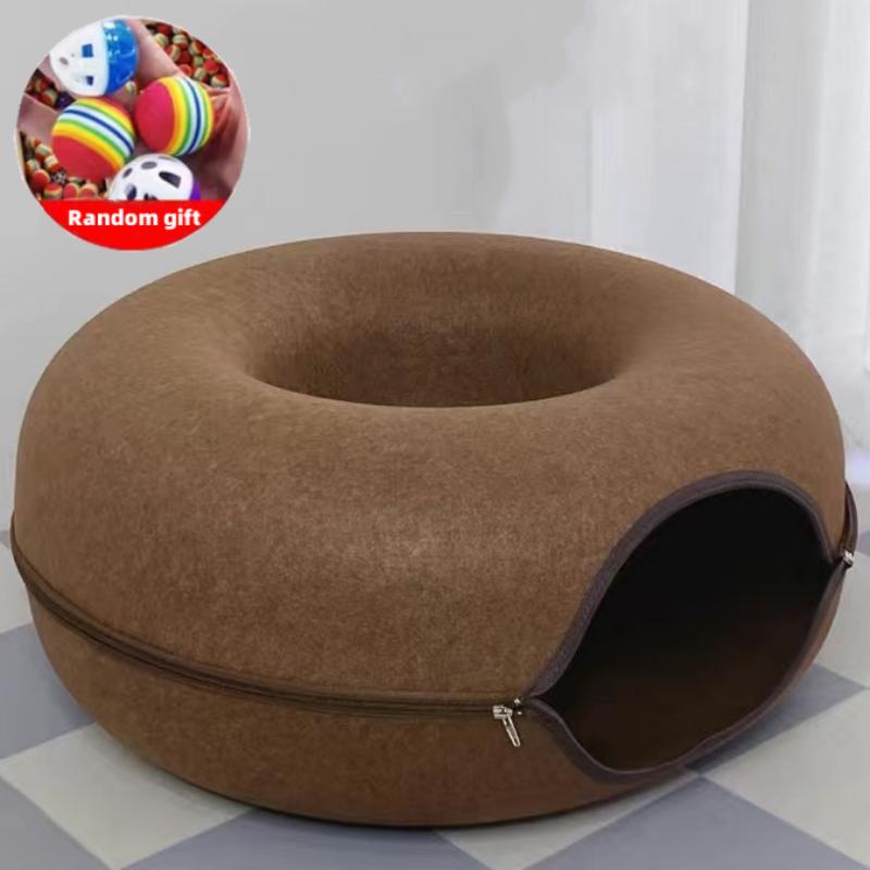 Wool Felt Donut Cat Bed with Tunnel Design coffee 50x20cm by HitMyNeed