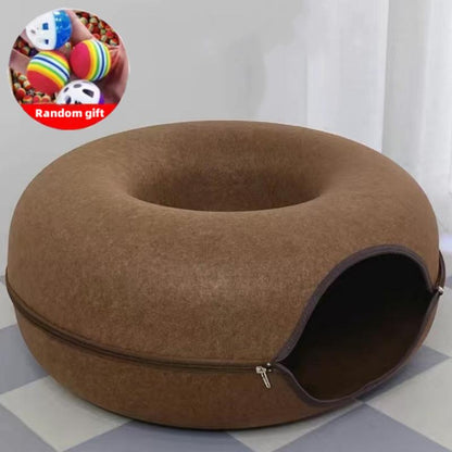 Wool Felt Donut Cat Bed with Tunnel Design coffee 50x20cm by HitMyNeed