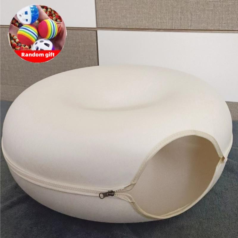Wool Felt Donut Cat Bed with Tunnel Design cream-white 60x27cm by HitMyNeed