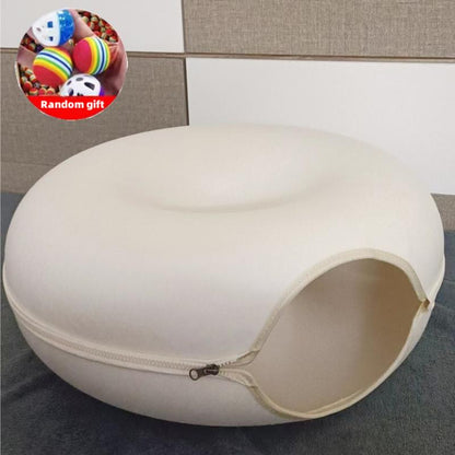 Wool Felt Donut Cat Bed with Tunnel Design cream-white 60x27cm by HitMyNeed