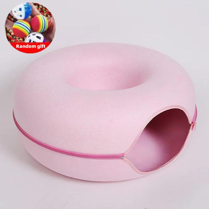 Wool Felt Donut Cat Bed with Tunnel Design pink 50x20cm by HitMyNeed