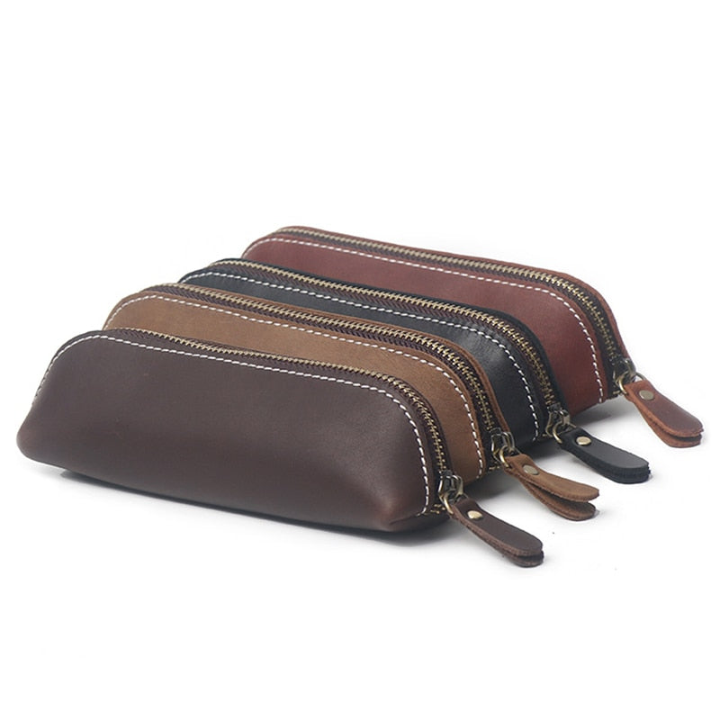 Zippered Genuine Leather Pencil Bag Case by HitMyNeed