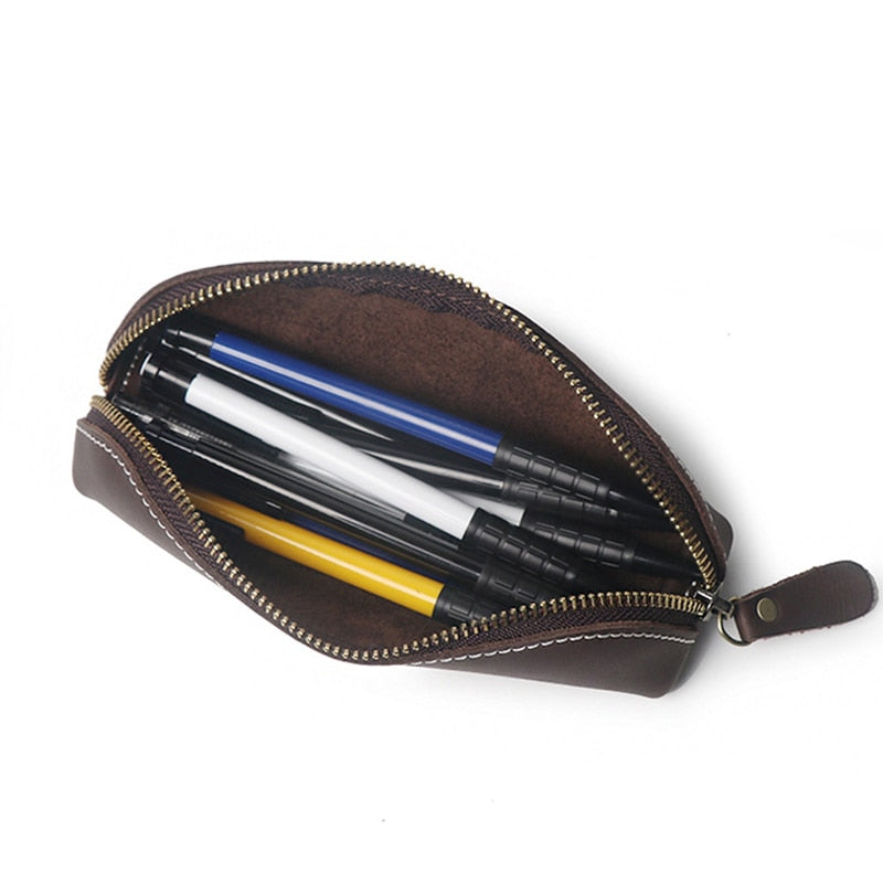 Zippered Genuine Leather Pencil Bag Case by HitMyNeed